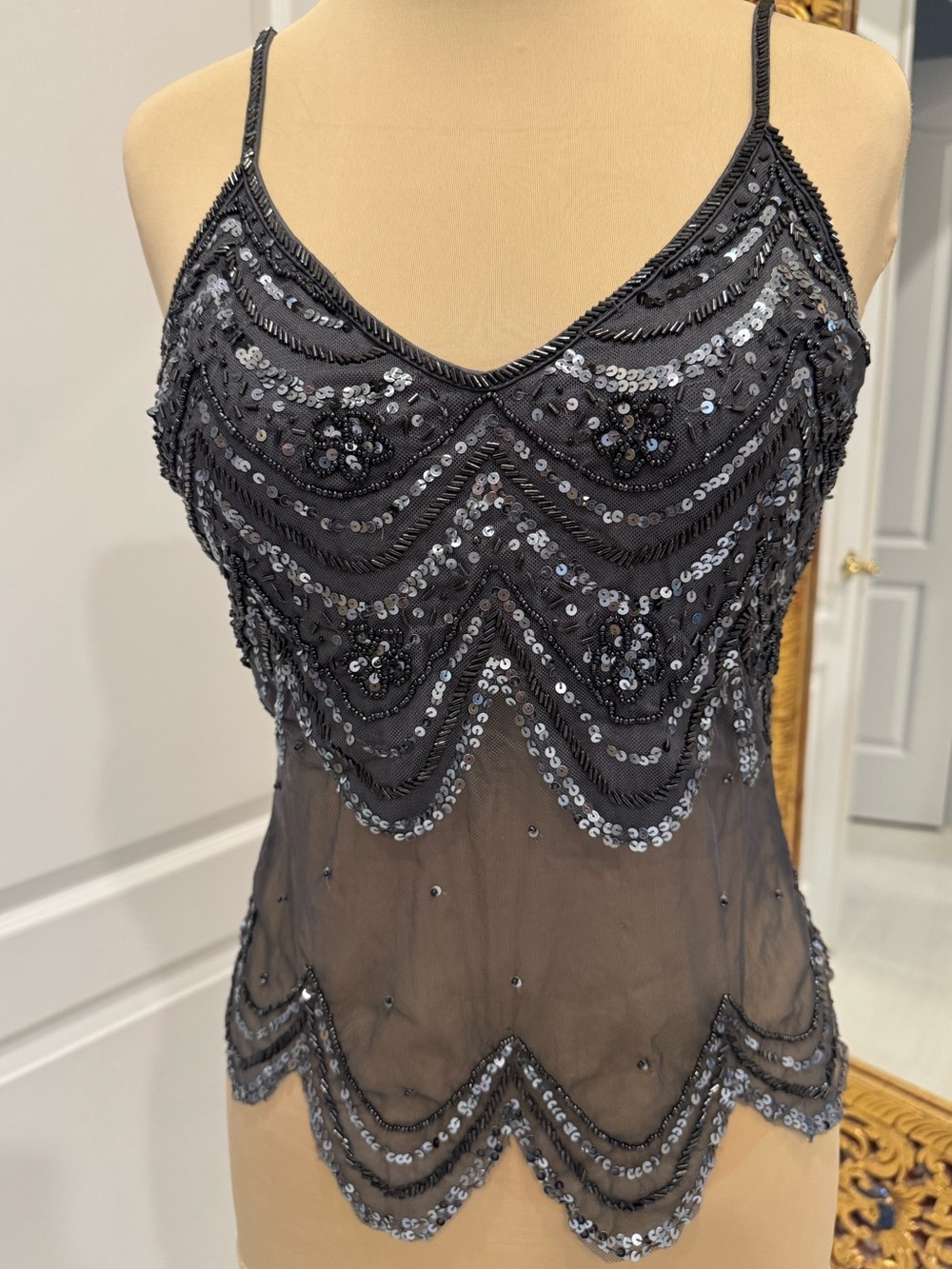 Hand Beaded gunmetal grey stretch mesh top Attitudes by Debra size medium